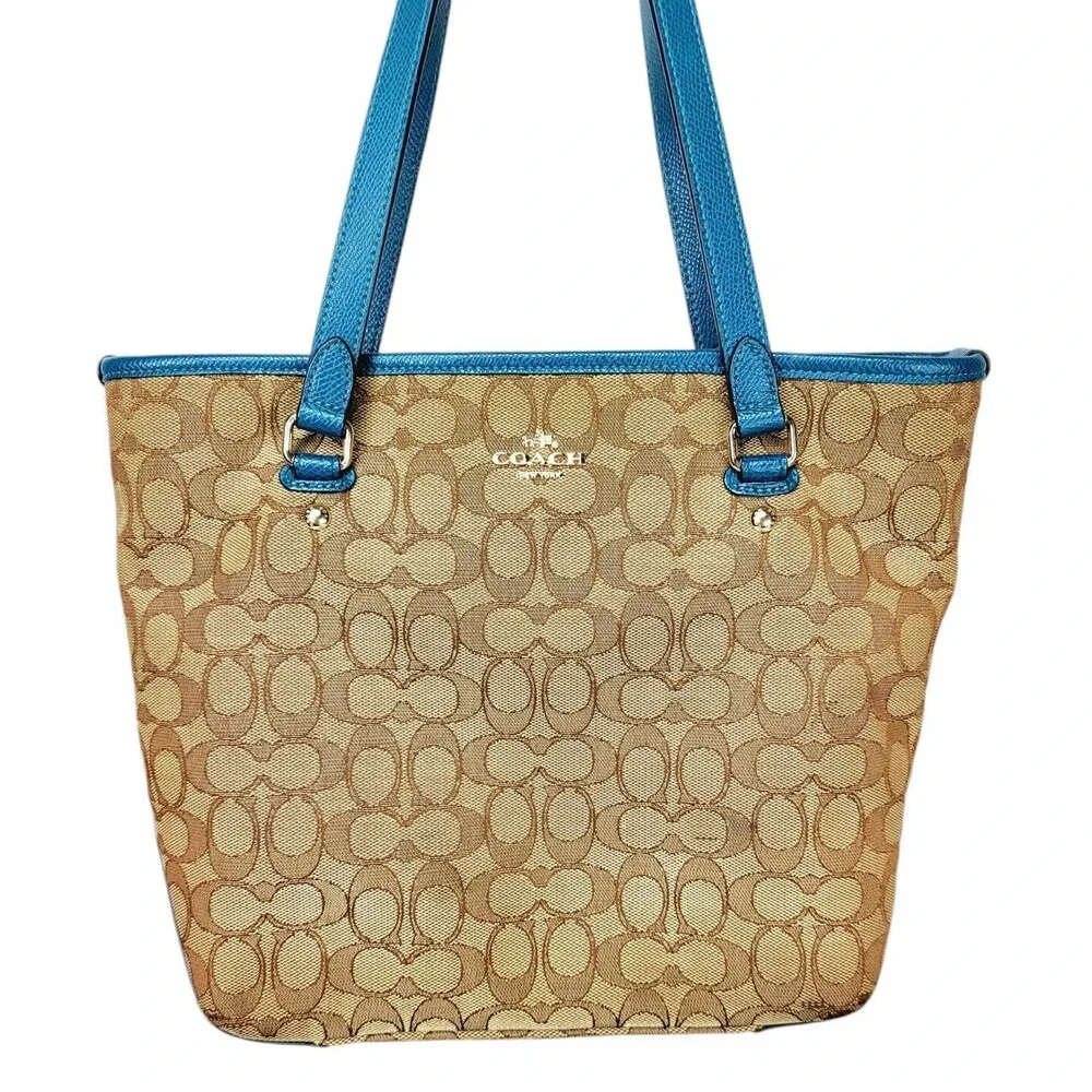 Coach Khaki Canvas Blue Leather Monogram Signature Tote Shoulder Bag Purse